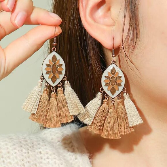 Brown Tassels Oval Shaped Enamal Dangle Statement Vintage Earring for Women - Picture 6 of 10